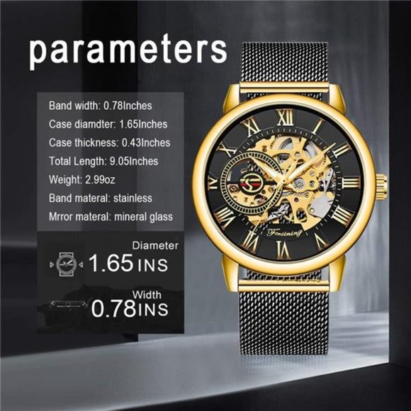 Men's Skeleton Watch Classic Roman Numeral Steampunk Mechanical Watch Hand-Wind - Picture 3 of 6